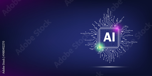 AI processor chip icon on blue background. Symbol of artificial intelligence, microchip, MCU, machine learning, and digital technology. Perfect for tech design, web, and innovation concepts.