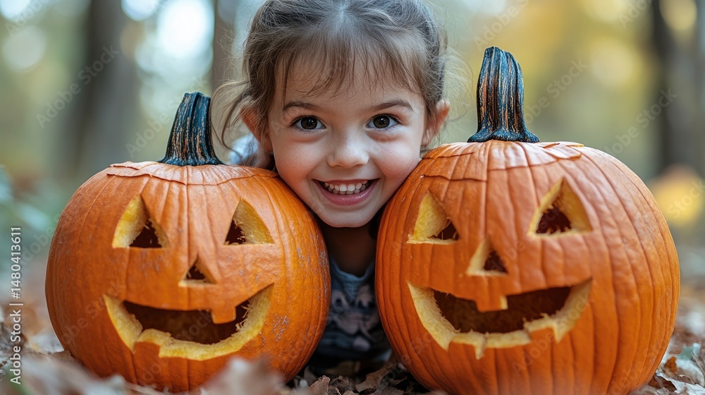 Girl with carved pumpkins in autumnal forest Girl with carved pumpkins in autumnal forest
