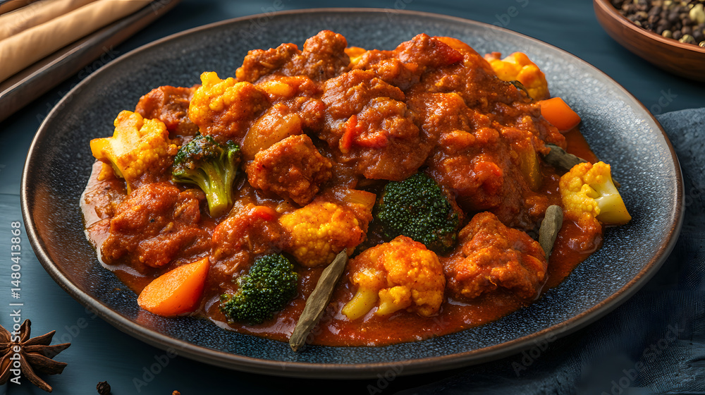 A vibrant plate of mixed vegetable curry featuring broccoli, cauliflower, and carrots, served on a rustic table with spices A vibrant plate of mixed vegetable curry featuring broccoli, cauliflower, and carrots, served on a rustic table with spices