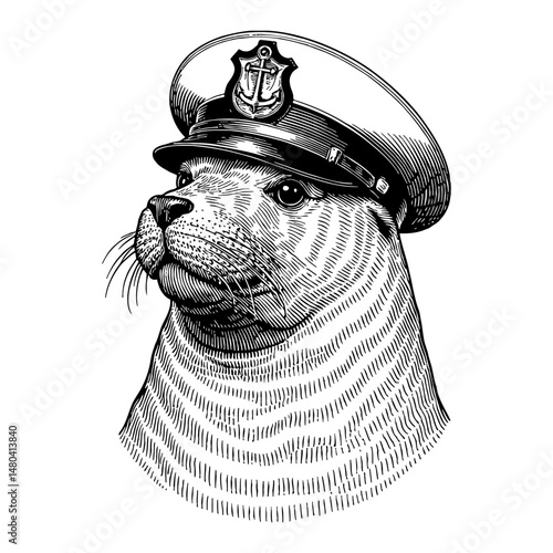 Sea Lion Head Portrait Wearing Captain Uniform Hat with Anchor Logo Black and White Line Art Drawing