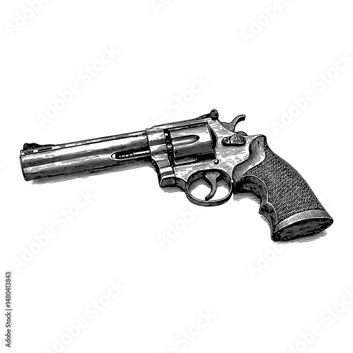Revolver with Bullets or Ammo Side View Black and White Outline Line Art Hand Drawing Illustration