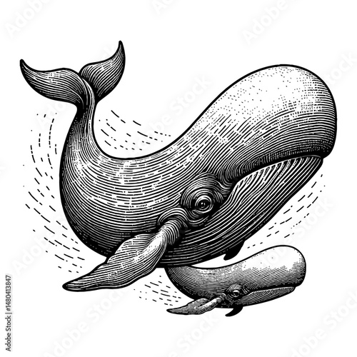 Sperm Whale with its Kid Black and White Outline Line Art Drawing Engraving Illustration