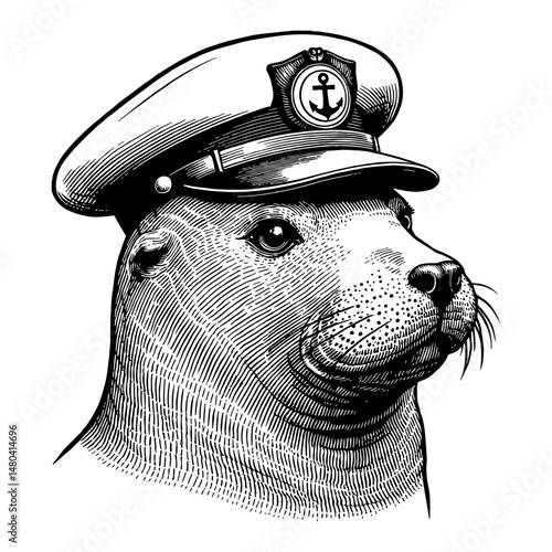 Sea Lion with Captain Uniform Head Portrait and Anchor Logo Hat Black and White Outline Line Art Drawing