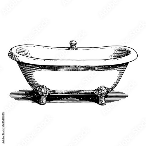 Bathtub Isolated Front View Clawfoot Style in Black and White Outline Line Art Drawing