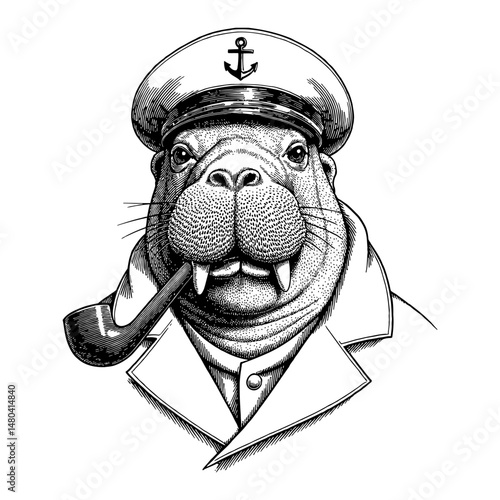 Walrus with Captain Uniform Smoking Pipe Head Portrait Anchor Logo Hat Black and White Line Art Drawing