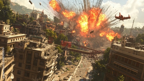 Aerial view of a city with a large explosion and a plane flying nearby, creating a scene of destruction and chaos in an urban environment with buildings and streets.