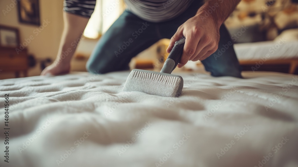 Obraz premium Man Cleaning Mattress with a Brush, Close-up View