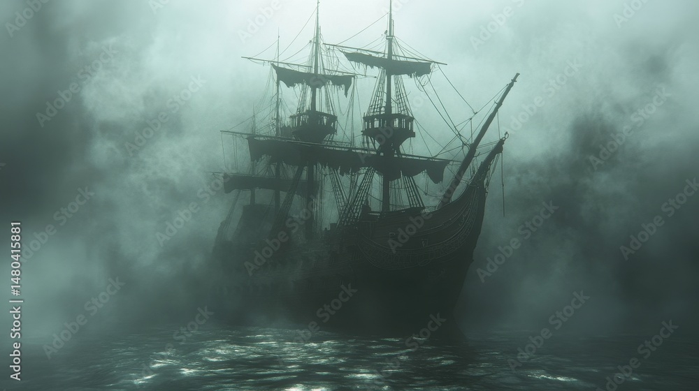 Naklejka premium Old galleon ship sailing through a misty sea. Ghost ship in the fog. Pirate ship sailing in the night. Concept for danger, horror, mystery and adventure themes.