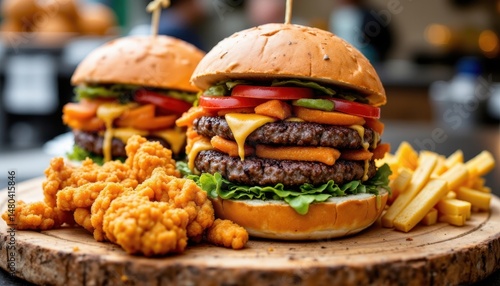 imagine a sumptuous scene captured in a wide angle perspective as if viewed through the tantalizing layers of a juicy beef burger, in this lightwave style artwork