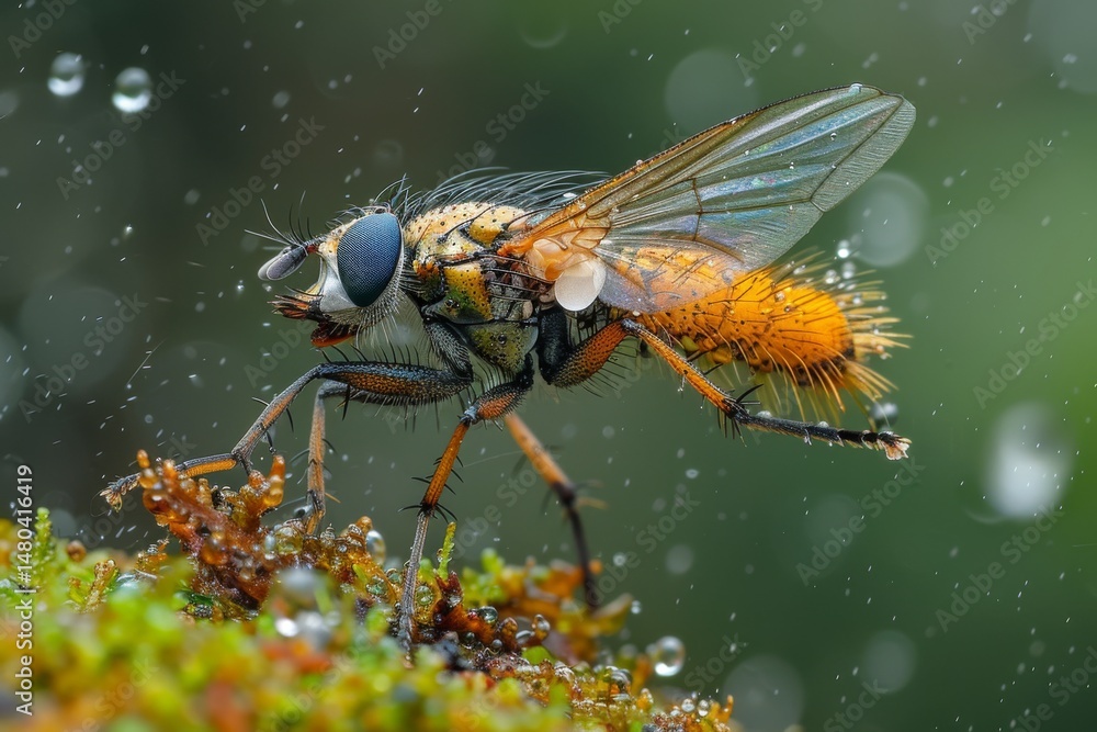 Naklejka premium Close-up view of a vibrant insect with detailed wings exploring a dew-covered surface in a forest setting during early morning