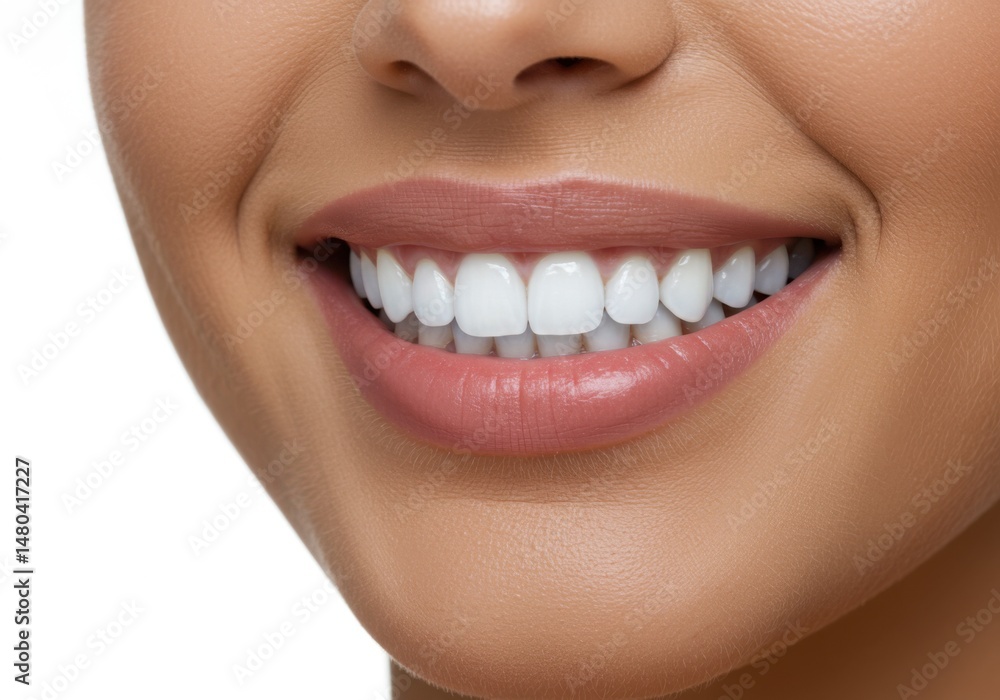 Obraz premium Close-up of a woman's smile with white teeth on transparent background