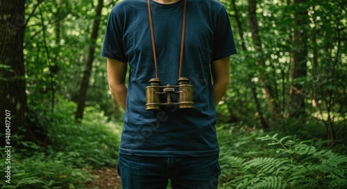 Man in Forest with Binoculars (Photo)