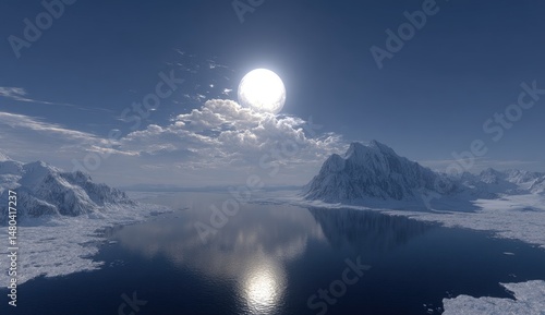 Arctic landscape, bright sun, snow-capped mountains reflecting on ice-covered water