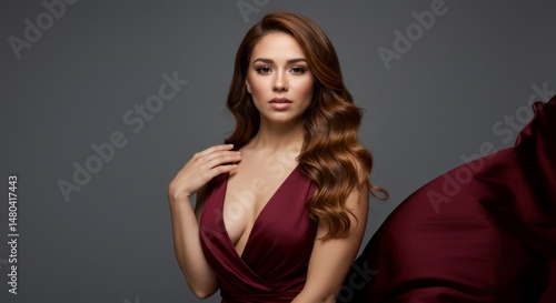 Wallpaper Mural Elegant woman in burgundy dress with flowing fabric against dark background Torontodigital.ca