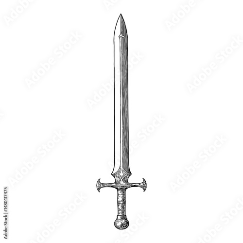 Medieval Short Sword Decorative Hilt and Blade Black and White Outline Line Art Drawing