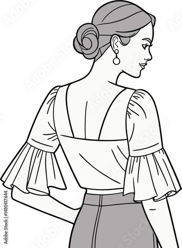 Back and front view fashion illustration of stylish ruffled blouse
