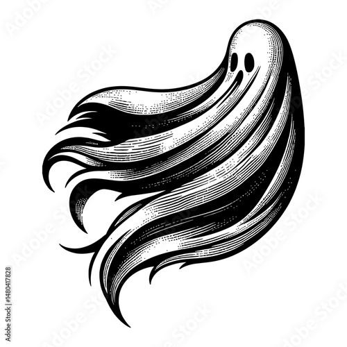 Floating Ghost with Fabric Black and White Outline Line Art Drawing Engraving Style