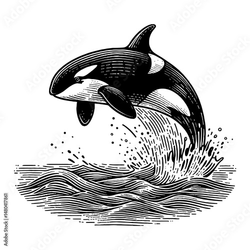 Killer Whale Orca Jumping From Water Black and White Outline Line Art Illustration Drawing
