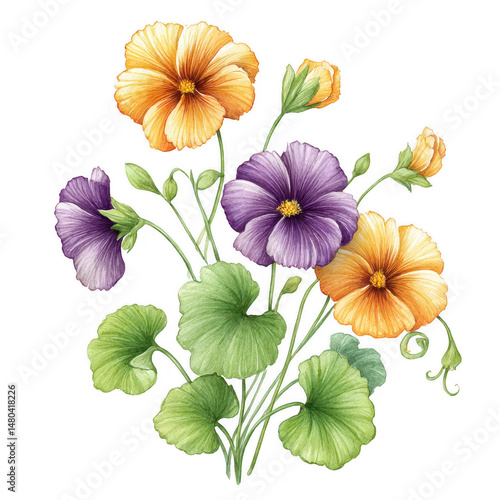 Wallpaper Mural Watercolor illustration presents vibrant nasturtium flowers and foliage. Torontodigital.ca