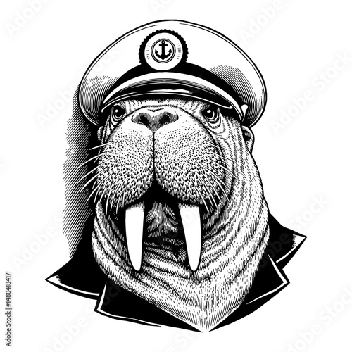 Walrus with Captain Uniform Hat Head Portrait and Anchor Logo Black and White Outline Line Art Drawing