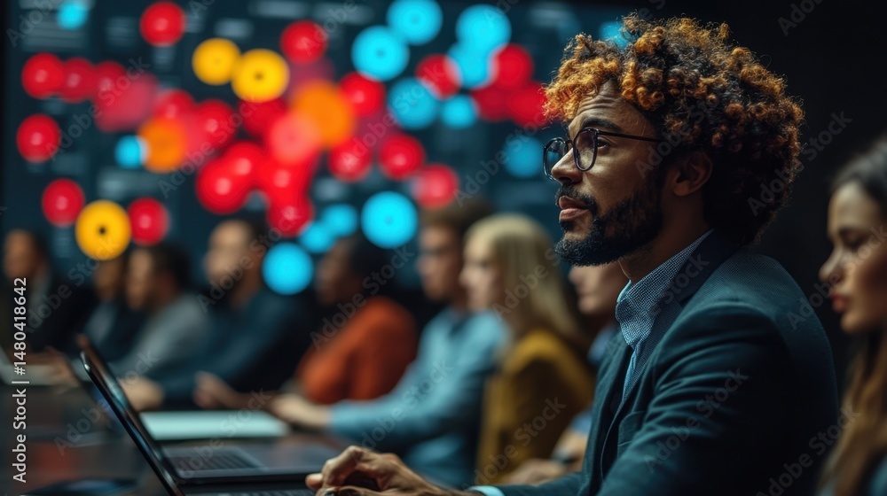 Obraz premium Focused Professional in Meeting with Data Visualizations in Background