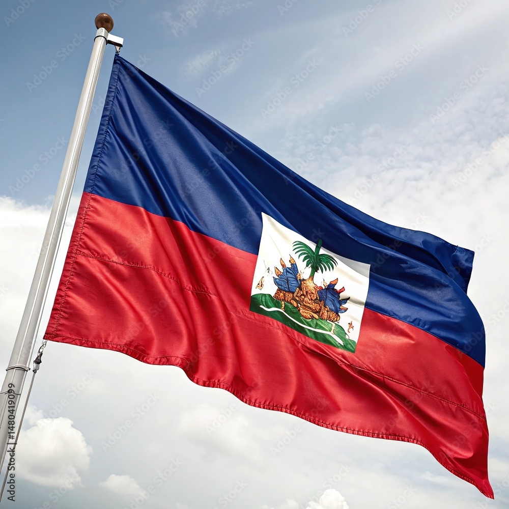 Fototapeta premium Haiti flag waving in wind on silk fabric, national pride symbol