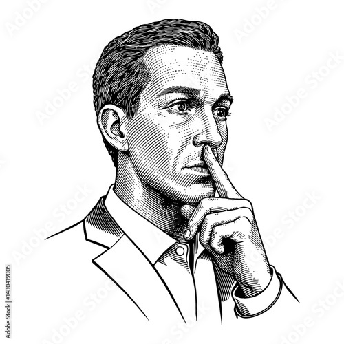 Gentleman with Finger on Lips Asking to Be Quiet Black and White Outline Line Art Drawing
