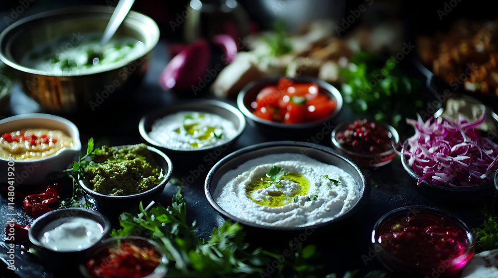 A vibrant spread of Indian condiments and side dishes on a dark table, showcasing fresh ingredients and culinary artistry A vibrant spread of Indian condiments and side dishes on a dark table, showcasing fresh ingredients and culinary artistry