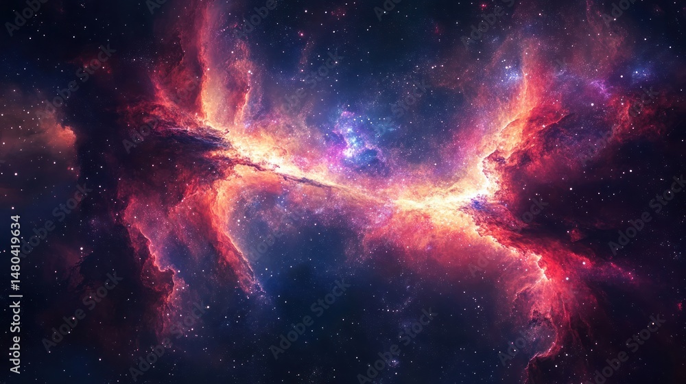 Fototapeta premium An awe-inspiring image of a spiral galaxy from space, its radiant arms unfolding in perfect symmetry, set against a star-filled sky. Nebulae in various shades of red 