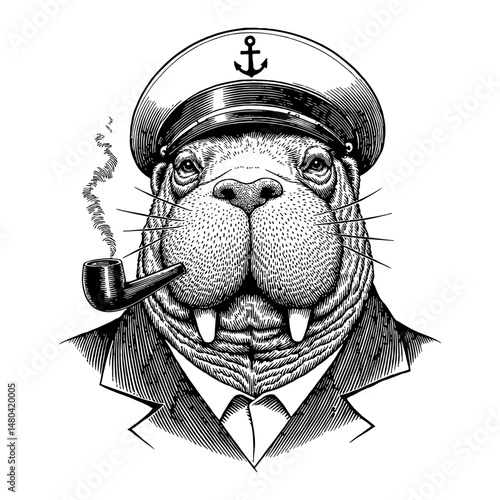 Walrus with Captain Uniform Smoking Pipe Head Portrait Anchor Logo Hat Black and White Line Art Drawing