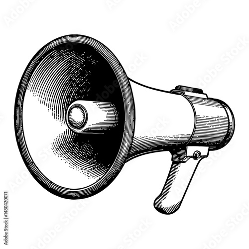 Vintage Megaphone Announce Isolated Detailed Graphic Black and White Outline Line Art Drawing
