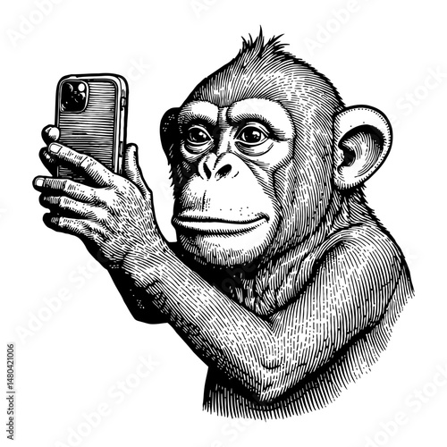 Monkey Taking Selfie Using Smartphone Black and White Outline Line Art Drawing Illustration