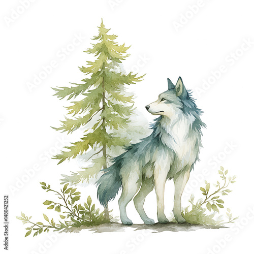 A wolf stands near an evergreen tree in a watercolor painting on white background.