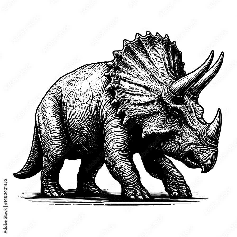 Fototapeta premium Triceratops Side View Full Body Walking in Black and White Outline Line Art Drawing