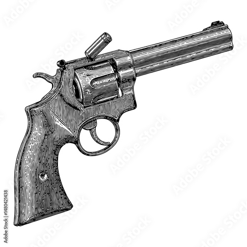 Revolver with Bullets Ammo Antique Style Black and White Outline Line Art Drawing Illustration