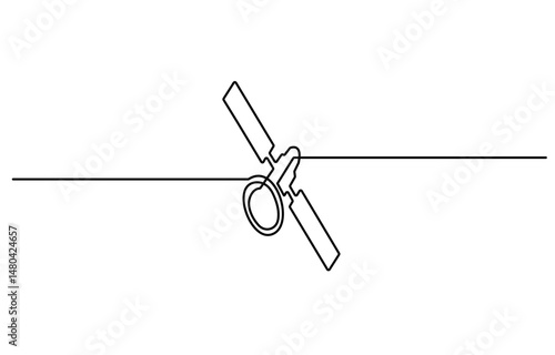Continuous one line drawing of Satellite in the outer space. satellite communications orbit in single line draw illustration. Editable stroke.