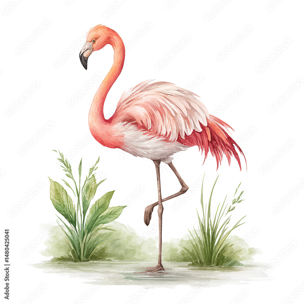 Fototapeta premium Beautiful flamingo stands gracefully among watercolor grasses and greenery
