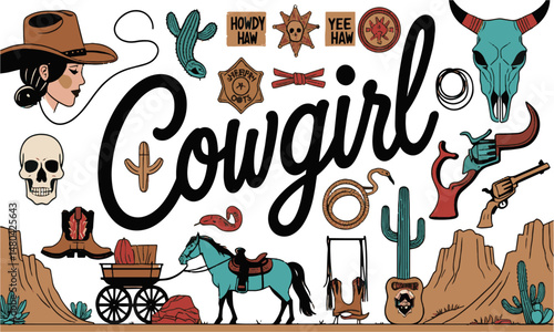 Create a modern vector-style illustration celebrating cowgirl and Wild West culture, easily scalable and editable.