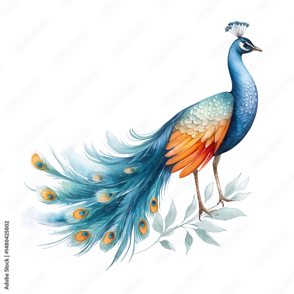 Fototapeta premium A watercolor peacock stands elegantly on a leafy branch in vivid colors.