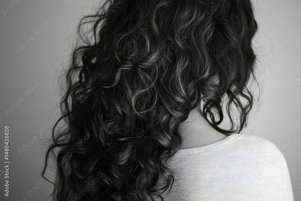 Fototapeta premium A woman, captured in elegant monochrome, with cascades of long, luscious curly hair, showcasing the artistry of natural beauty and hair styling.