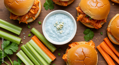 Delicious Buffalo Chicken Sliders Served with Refreshing Blue Cheese Dip