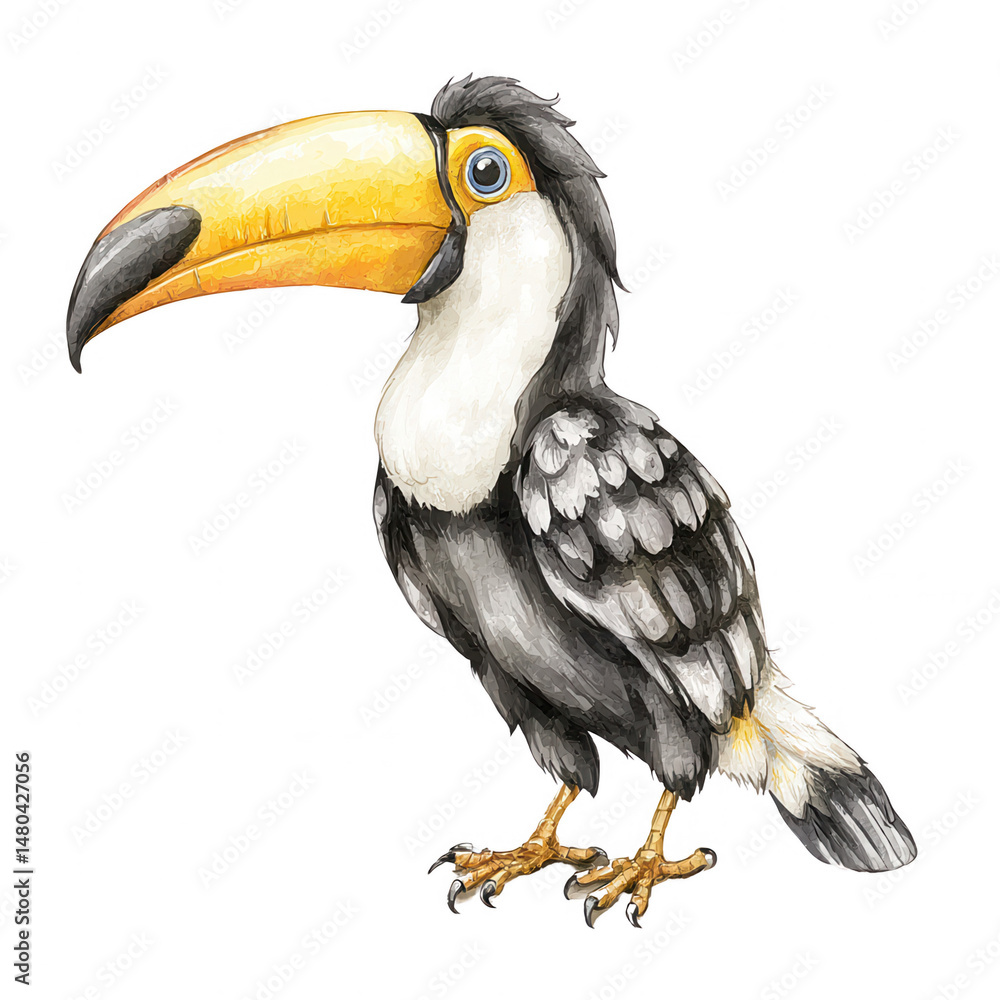 Obraz premium Watercolor painting of a toucan bird with a large yellow beak on white