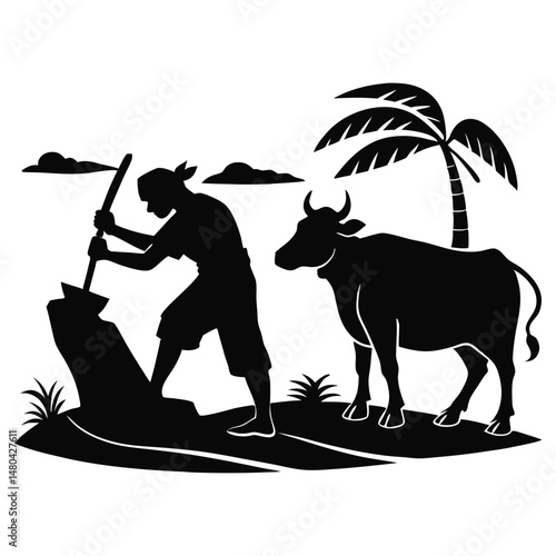Silhouette of a horse and rider in vector style with a child and dog walking