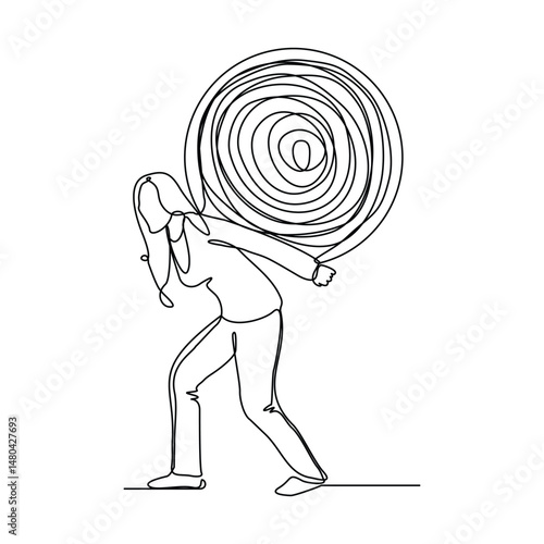 continuous line drawing of business woman carry stone rock obstacle burden load expenses sketch editable stroke vector illustration