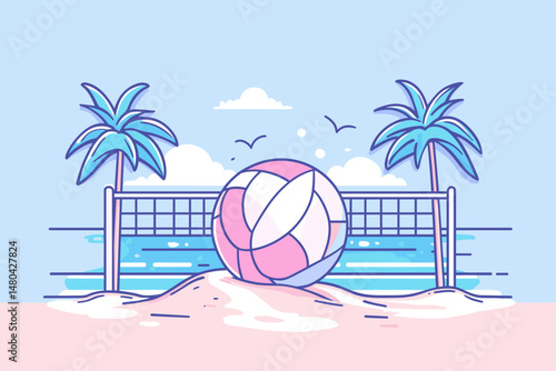Colorful Beach Volleyball Scene with Pink Ball