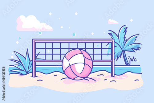 Colorful Beach Volleyball Scene with Pink Ball