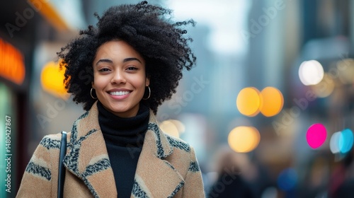 A cheerful young woman with curly hair smiles warmly at the camera while walking through a vibrant city street filled with blurred lights and pedestrians in the background