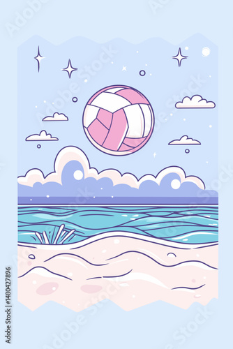Colorful Beach Volleyball Scene with Pink Ball