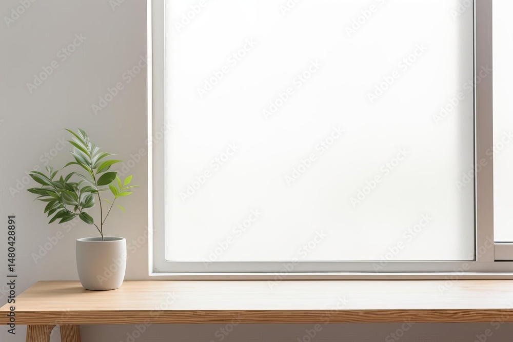 A plant in a pot on a wooden desk in front of a bright window against a white wall. A plant in a pot on a wooden desk in front of a bright window against a white wall.