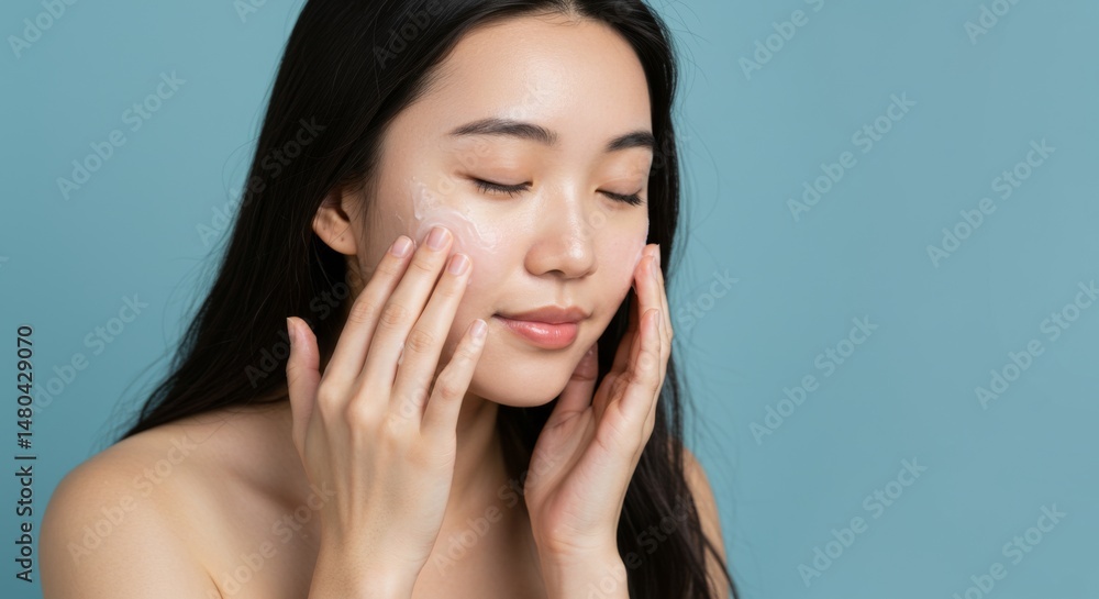Skincare routine concept with woman applying moisturizer on clear complexion for beauty and wellness Skincare routine concept with woman applying moisturizer on clear complexion for beauty and wellness